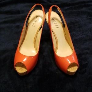 Orange peep toe patent leather slingback heels!
